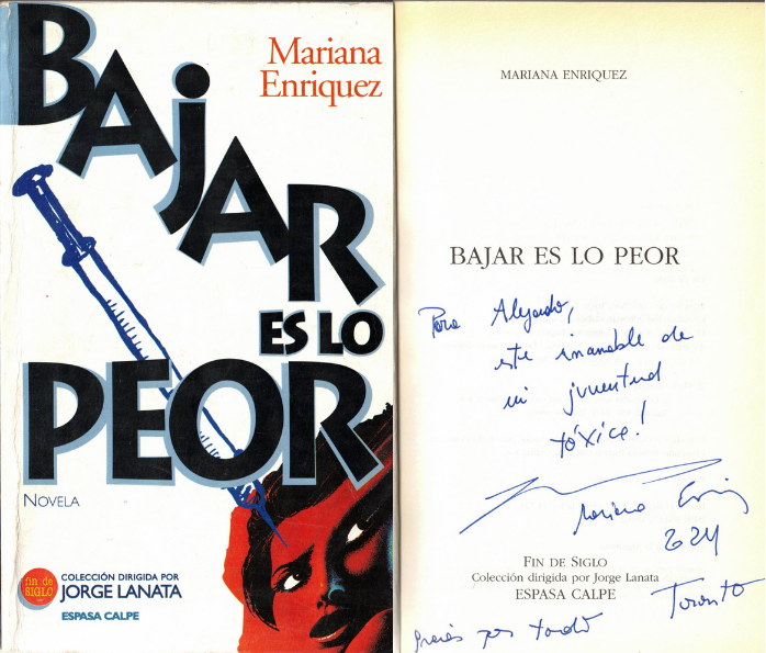 Cubierta y primera página firmada de Bajar es lo peor de Mariana Enriquez